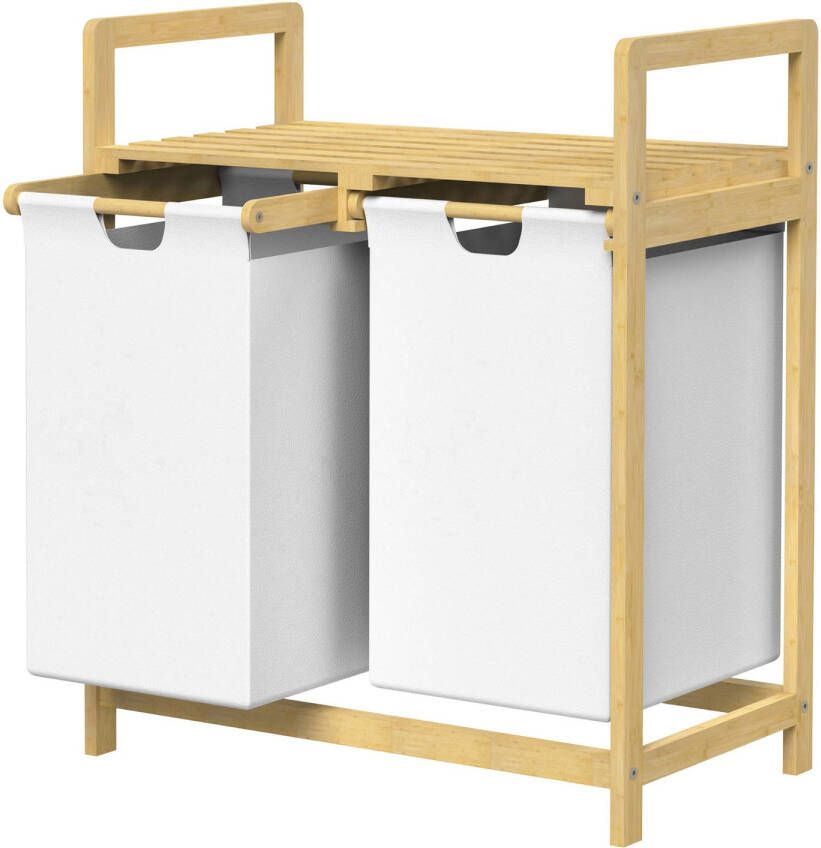 ML-Design Wasmand met twee uittrekbare waszakken Wit 2x30 liter Frame van bamboehout