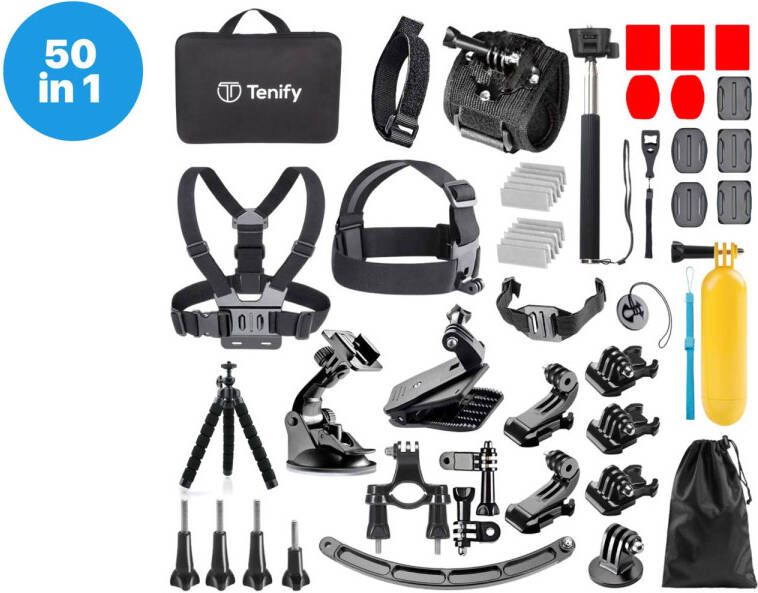 MM Brands Tenify GoPro Accessoires Set 50 in 1 Met Mount Stick & Case Voor GoPro Hero 11 10 9 8 7 6 5 4