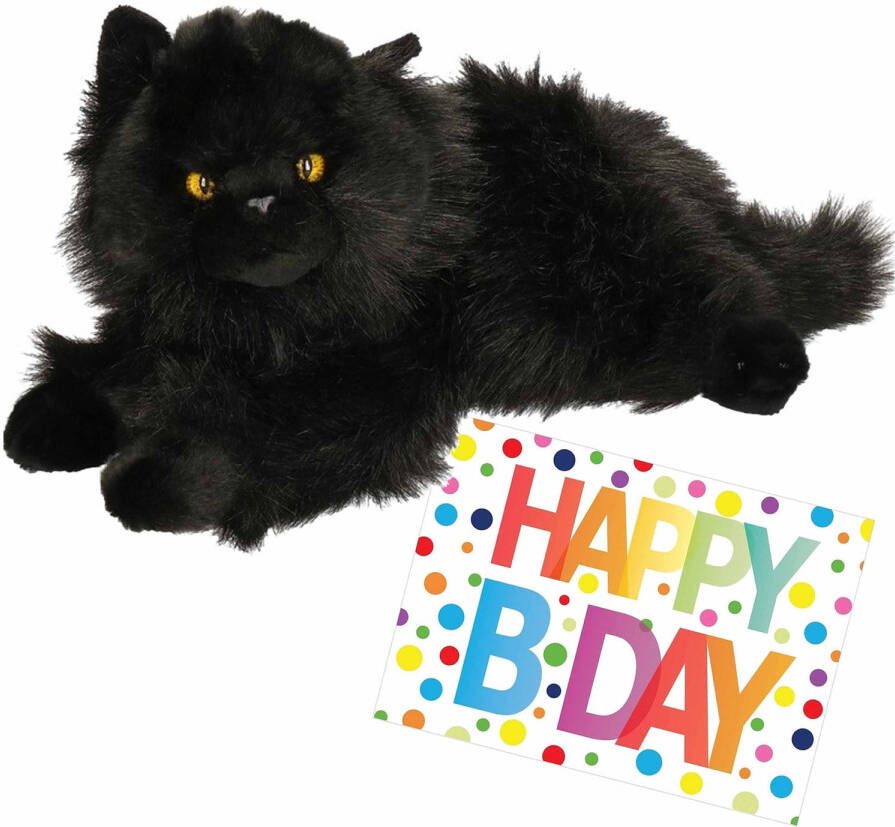 Nature Planet Pluche knuffel kat poes zwart 30 cm met A5-size Happy Birthday wenskaart Knuffel huisdieren