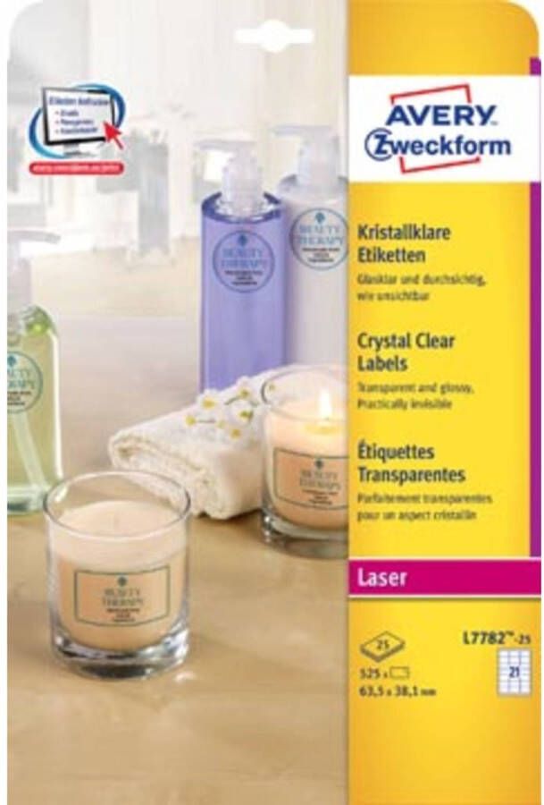 OfficeTown Avery transparante Crystal Clear etiketten ft 63 5 x 38 1 mm 525 etiketten 21 per blad