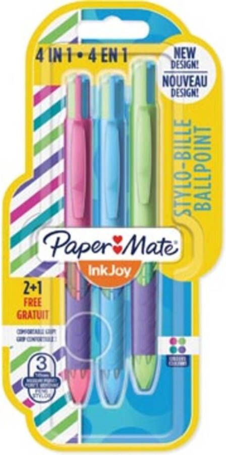 OfficeTown Paper Mate 4-kleuren balpen Inkjoy Quatro Joie De Vivre blister 2 + 1 gratis