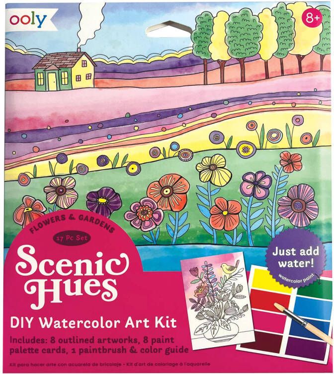 Ooly Scenic Hues DIY Watercolor Art Kit Flowers And Gardens Aquarel Kunst Kit De Set Bevat 8 Verschillende Aquarelbriefkaarten 8 Verfkleuren 1 Verfkwast En Kleurengids Elke Ansichtkaart Heeft Een Tuinthema Geschikt Vanaf 8 Jaar