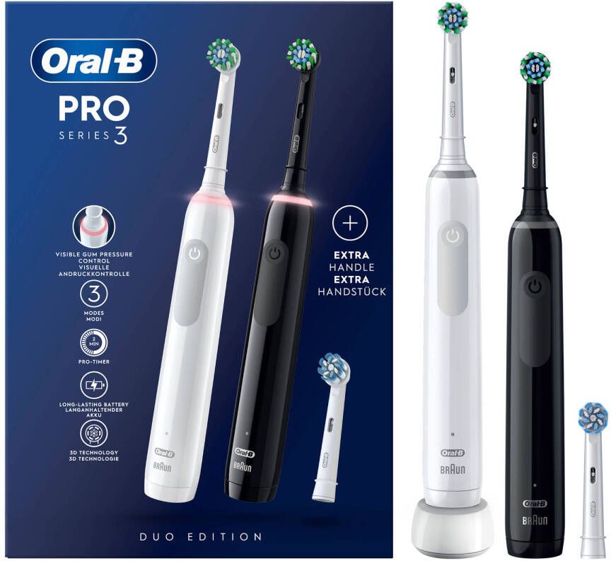 Oral-B elektrische tandenborstel Pro 3 3900 Duo CrossAction zwart en roze incl. 3 opzetborstels - Foto 3
