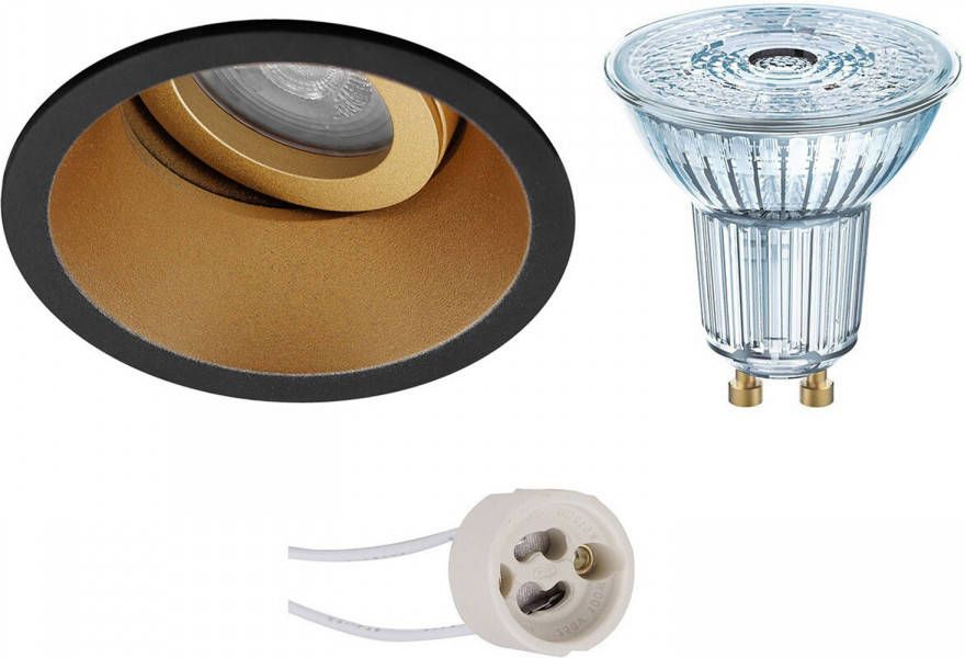 Osram LED Spot Set Parathom PAR16 927 36D Pragmi Zano Pro GU10 Fitting Dimbaar Inbouw Rond Mat Zwart Goud 5.5W Warm Wit 2700K Kantelbaar Ø93mm