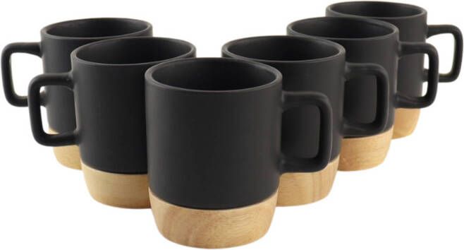 OTIX Espresso Kopjes Zwart Set van 6 120ml met Bamboe Onderzetter Met oor Koffiekopjes