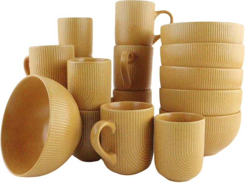 OTIX Koffiekopjes Set van 12 Cappuccino Kopjes 190ml 300ml met Set van 6 Soepkommen 600ml Mustard yellow SPRUCE