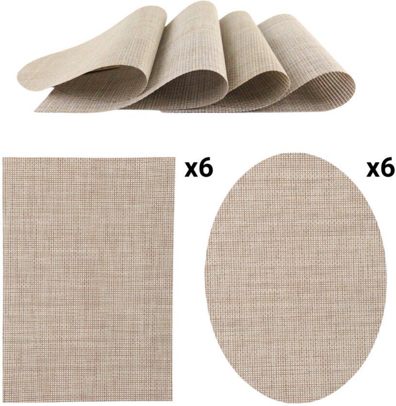 OTIX Placemats Set van 12 Kunststof Rechthoekig en Ovaal Beige Onderleggers