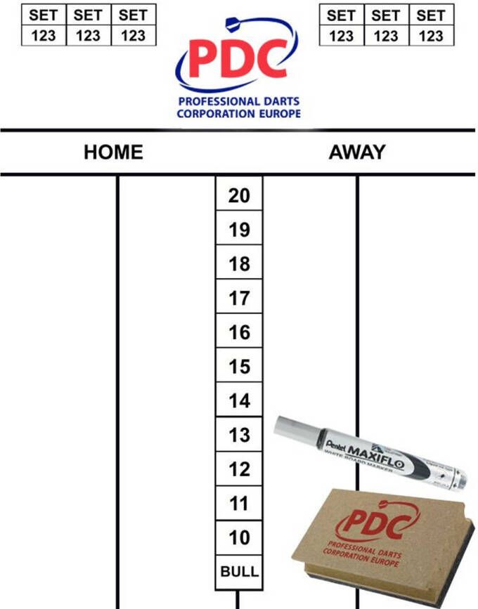 PDC Europe Dartspel scorebord set whiteboard 45x30 cm dart scorebord