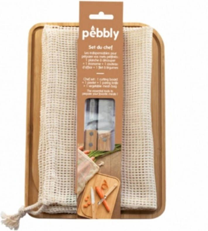 Pebbly Snijplank inclusief schilmesje dunschiller en bewaarzak Bamboe 28 x 20 cm