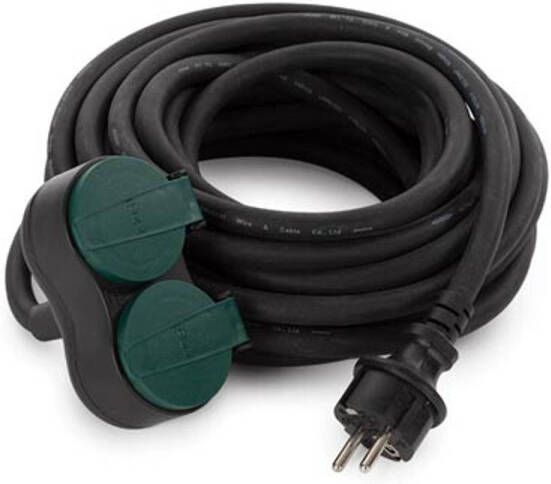 Perel Verlengkabel H07RN 3G2.5 10 m 16 A 230 V 3680 W type E F naar 2 x type F IP44 rubber zwart