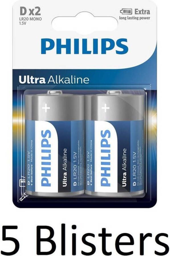 Philips 10 Stuks (5 Blisters a 2 st) Ultra Alkaline D Cell Batterijen