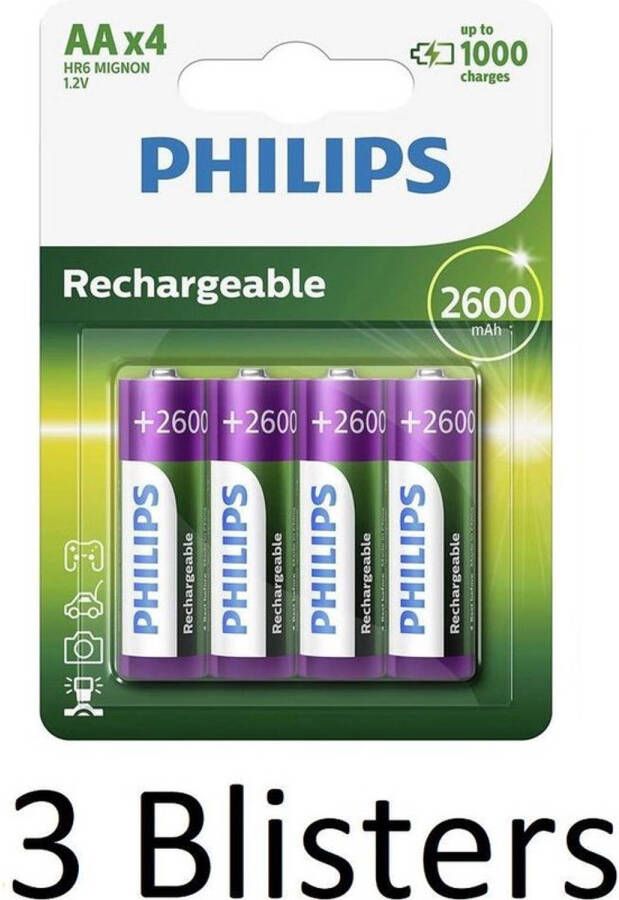 Philips 12 Stuks (3 Blisters a 4 st) AA Oplaadbare batterijen 2500 mAh