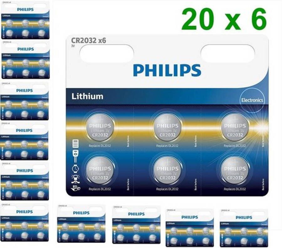 Philips 120 Stuks (20 blisters a 6st) 6-Pack CR2032 3v lithium knoopcelbatterij
