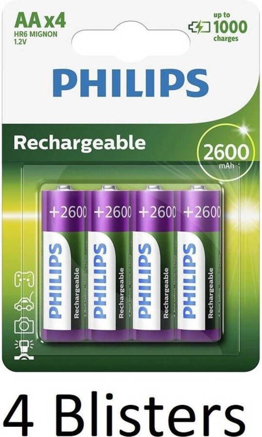 Philips 16 Stuks (4 Blisters a 4 st) AA Oplaadbare batterijen 2600mah