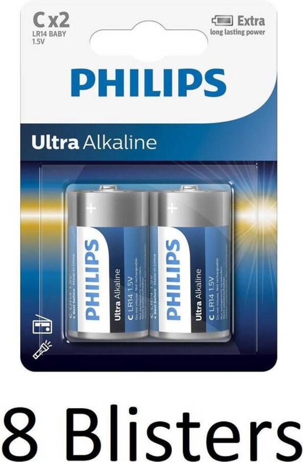 Philips 16 Stuks (8 Blisters a 2 st) Ultra Alkalline C Batterijen