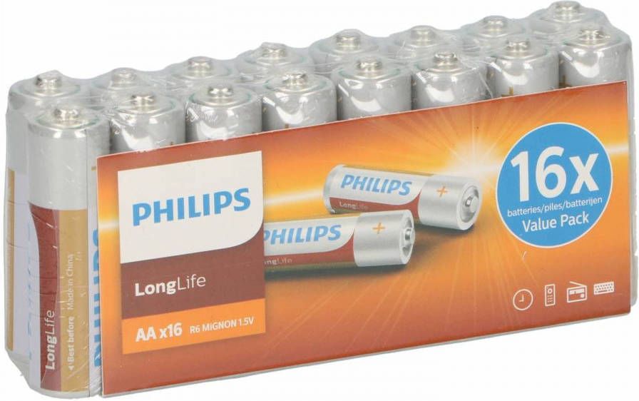 Philips 16x aa longlife alkaline batterijen