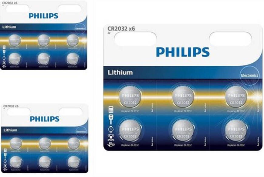 Philips 18 Stuks (3 blisters a 6st) 6-Pack CR2032 3v lithium knoopcelbatterij