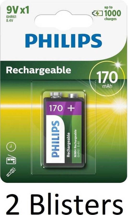 Philips 2 Stuks (2 Blisters a 1 st) Oplaadbare 9V batterij 170mAh