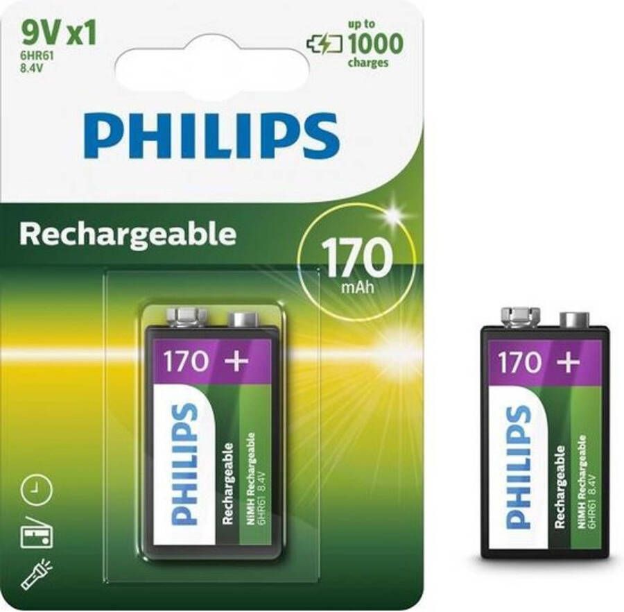 Philips 2 Stuks MultiLife 9V HR22 6HR61 170mAh oplaadbare batterij