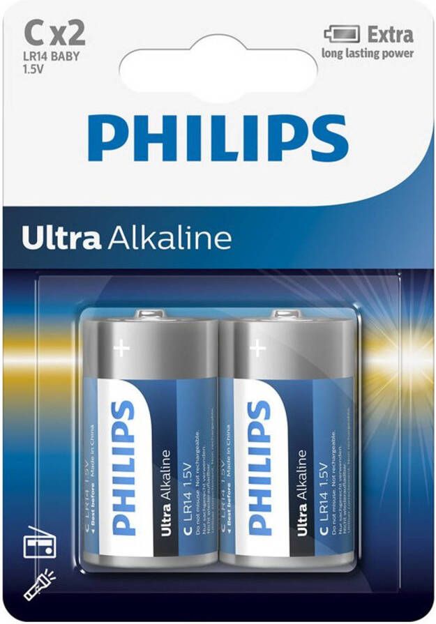 Philips 2x Ultra Alkaline LR14 C-batterijen 1 5 Volt Altijd handig in huis Batterijen