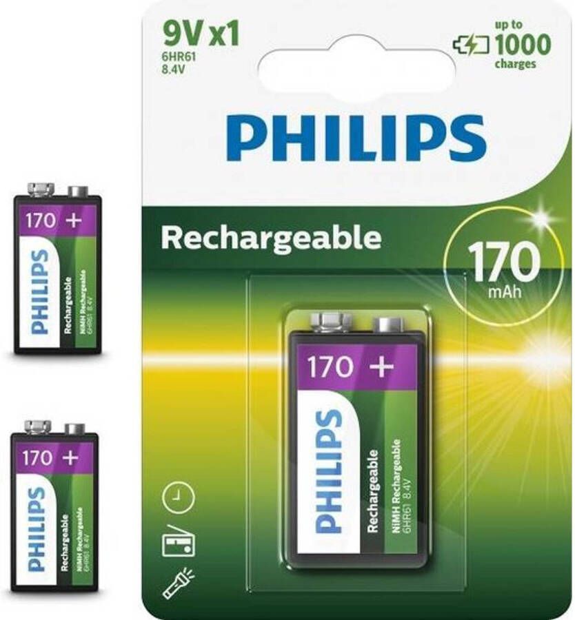 Philips 3 Stuks MultiLife 9V HR22 6HR61 170mAh oplaadbare batterij