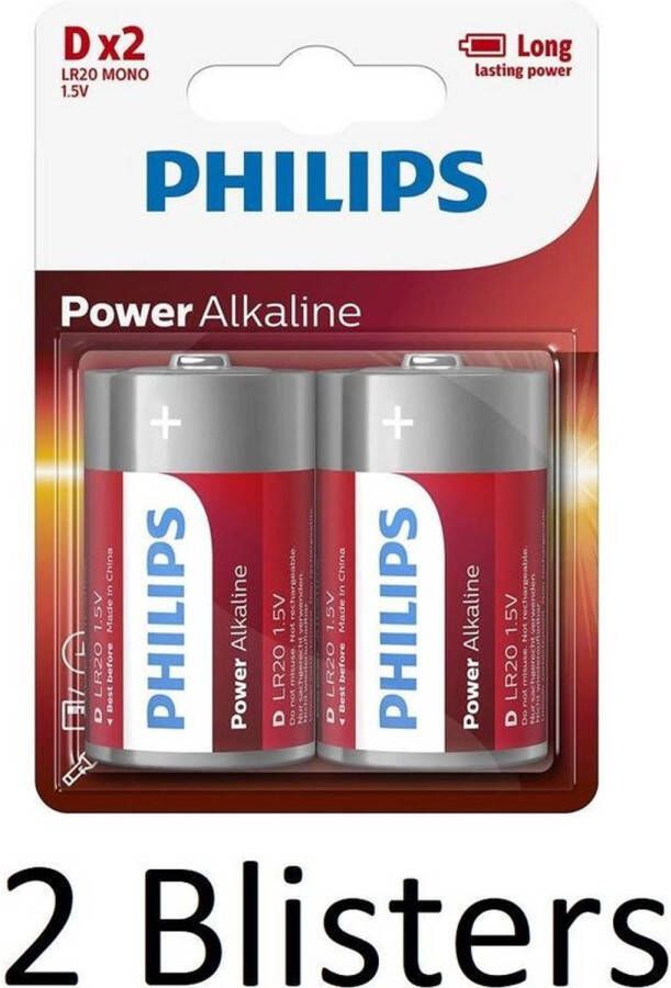 Philips 4 Stuks (2 Blisters a 2 st) Power Alkaline D Batterijen