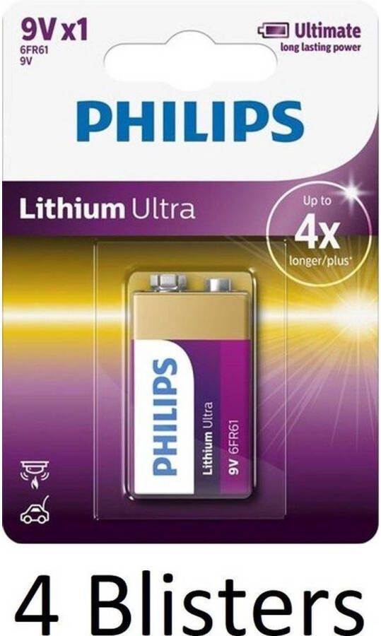 Philips 4 Stuks (4 Blisters a 1 st) 9V Lithium Ultra Batterij