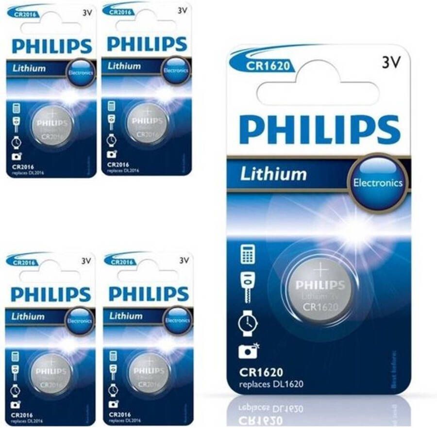 Philips 5 Stuks CR1620 3v lithium knoopcelbatterij