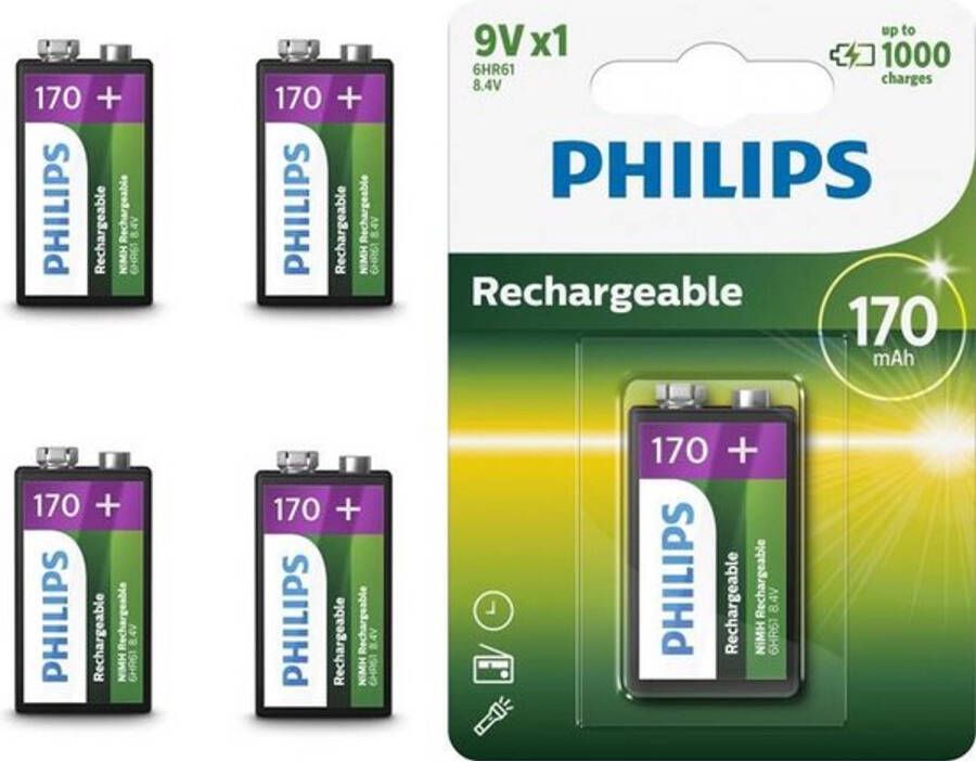 Philips 5 Stuks MultiLife 9V HR22 6HR61 170mAh oplaadbare batterij