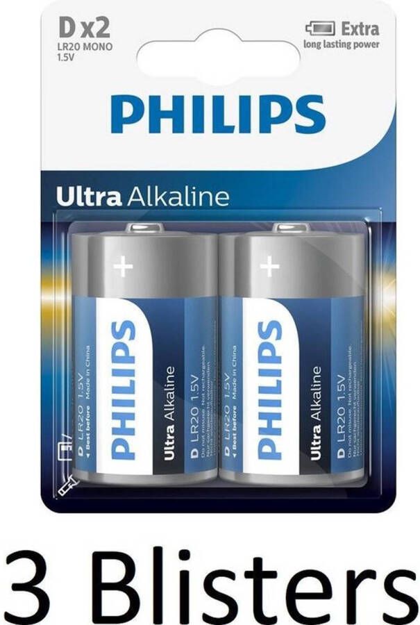 Philips 6 Stuks (3 Blisters a 2 st) Ultra Alkaline D Cell Batterijen