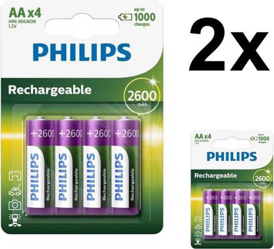 Philips 8 Stuks (2 blisters a 4st) MultiLife 1.2V AA HR6 2600mah NiMh oplaadbare batterij