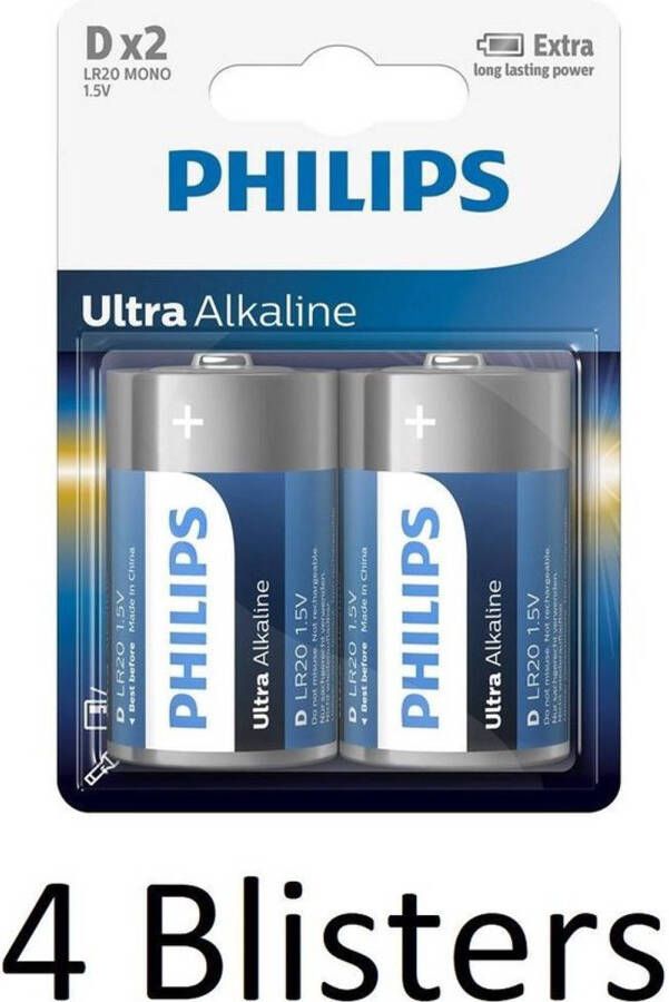 Philips 8 Stuks (4 Blisters a 2 st) Ultra Alkaline D Cell Batterijen