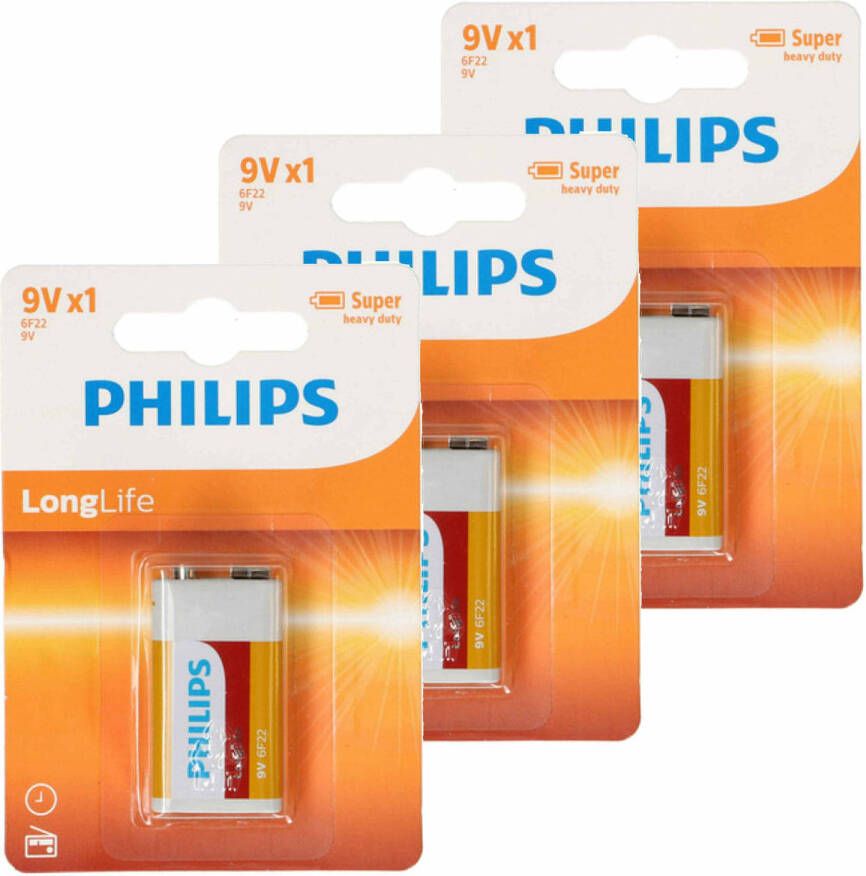 Philips 9V Long life batterij 3x alkaline 9 Volt blokbatterijen batterij 9v blok