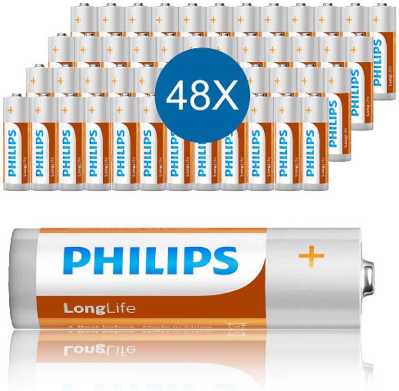 Philips AA-Batterijen 48 Stuks R6 Zinkchloride Technologie 3 Jaar Houdbaarheid 80% Behoud van Vermogen 1.5V