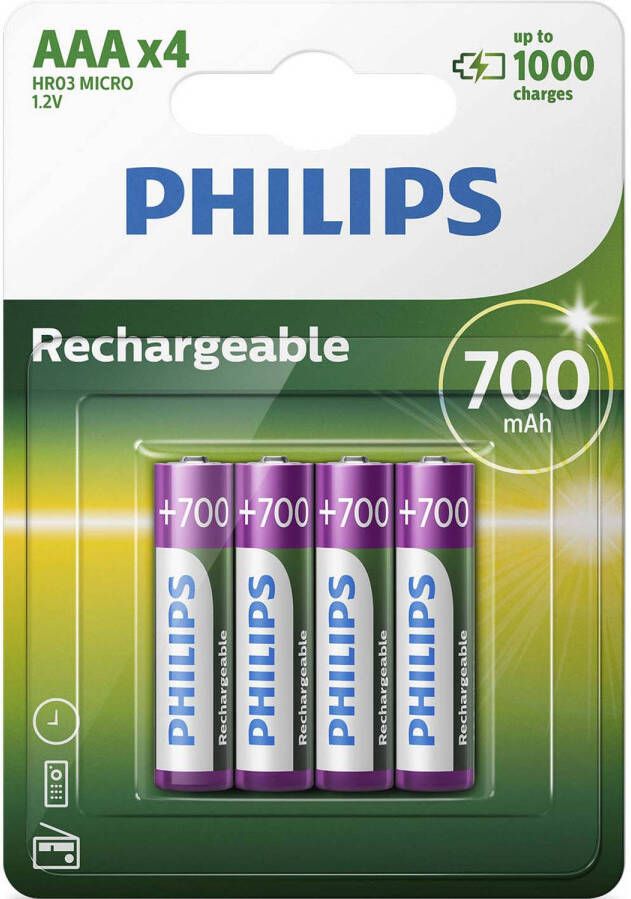 Philips AAA-Batterijen 4 Stuks HR03 Oplaadbare Batterijen NiMH 1.2V 1000 Keer Herladen 700mAh