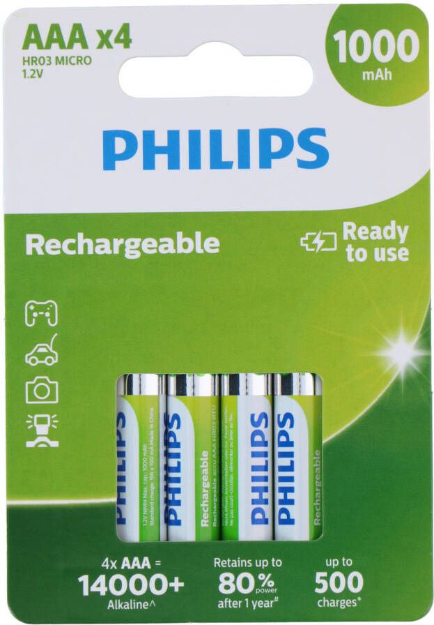 Philips AAA-Batterijen HR03 Oplaadbare Batterijen NiMH 1.2V 500 Keer Herladen