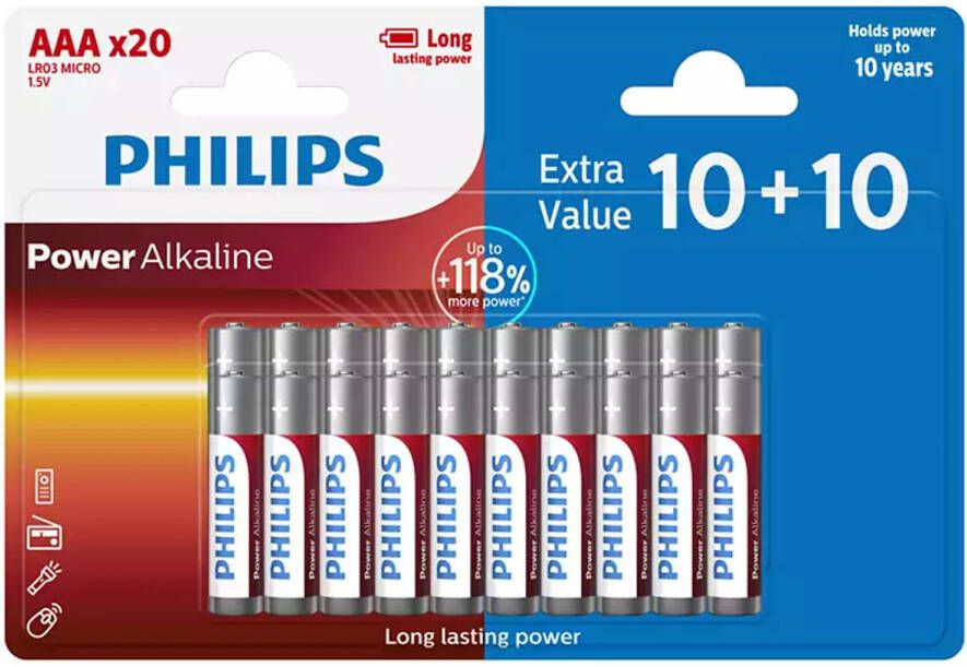 Philips AAA-Batterijen LR03 1.5V 20 Stuks Alkaline Batterij-Pack