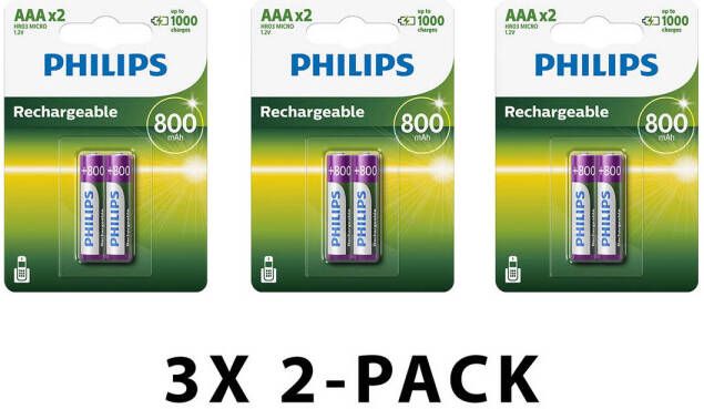 Philips AAA Batterijen Oplaadbaar 800 mAh Voordeelverpakking 6 stuks