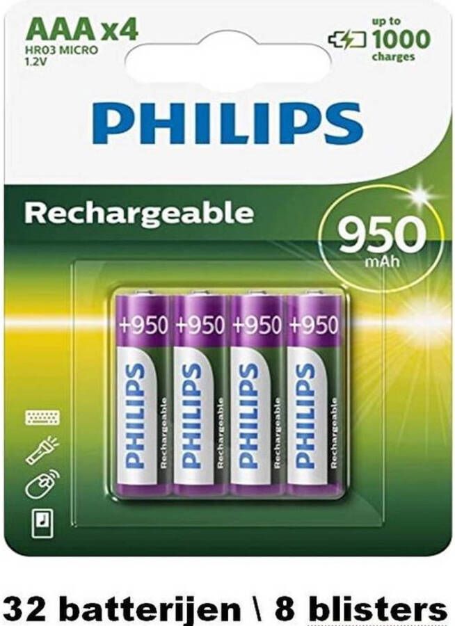 Philips AAA oplaadbare batterij 950mAh 32 batterijen ( 8 blisters a 4 stuks )