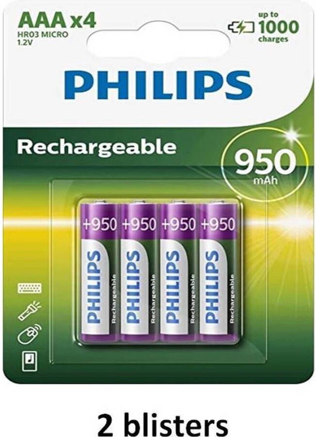 Philips AAA oplaadbare batterij 950mAh 8 batterijen ( 2 blisters a 4 stuks )