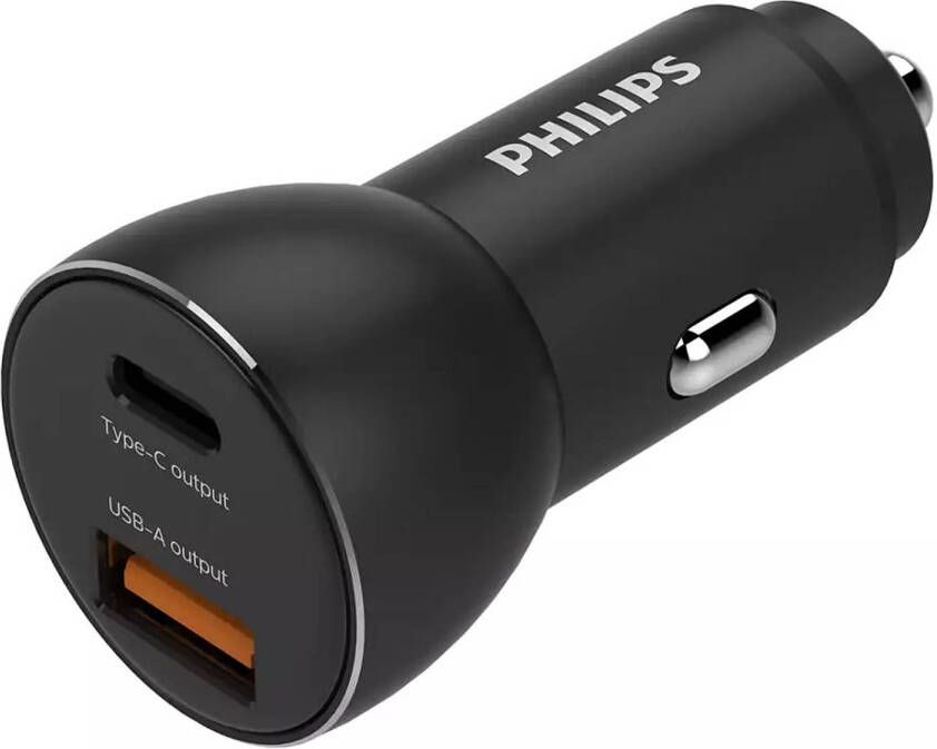 Philips Autolader DLP2521 03 USB-A en USB-C Output Sigarettenaansteker Snel Laden Zwart