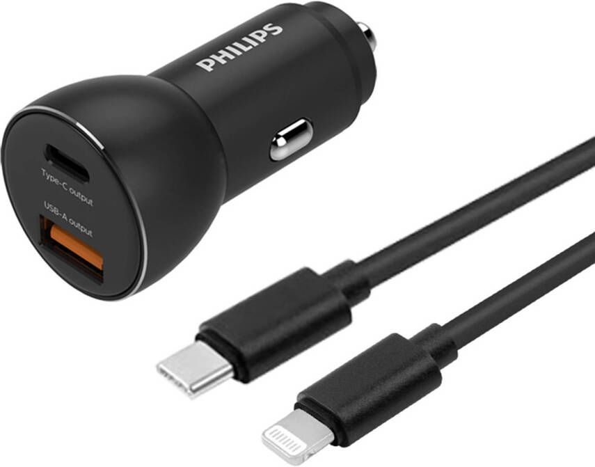 Philips Autolader USB A-C DLP2521C 04 Zwart incl. USB-C-Lightning Oplaadkabel 36W Fast Charge