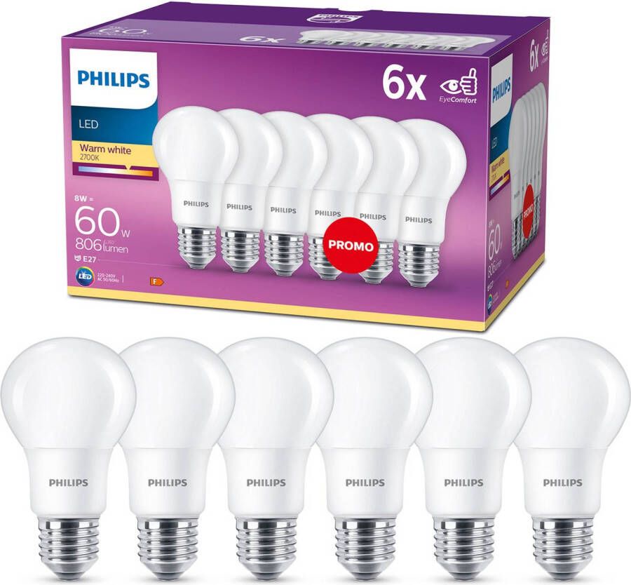 Philips energiezuinige LED Lamp Mat 60 W E27 warmwit licht 6 stuks Bespaar op energiekosten