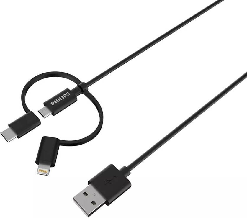 Philips DLC3104T 03 3-in-1 Oplaadkabel Lightning USB-Kabel Micro-USB-C 1 2 Meter Zwart