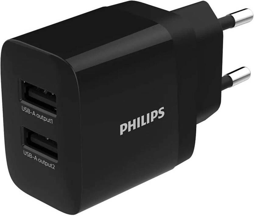 Philips DLP2620 12 Dubbele Oplader Wandmodel 2x USB 230V Zwart
