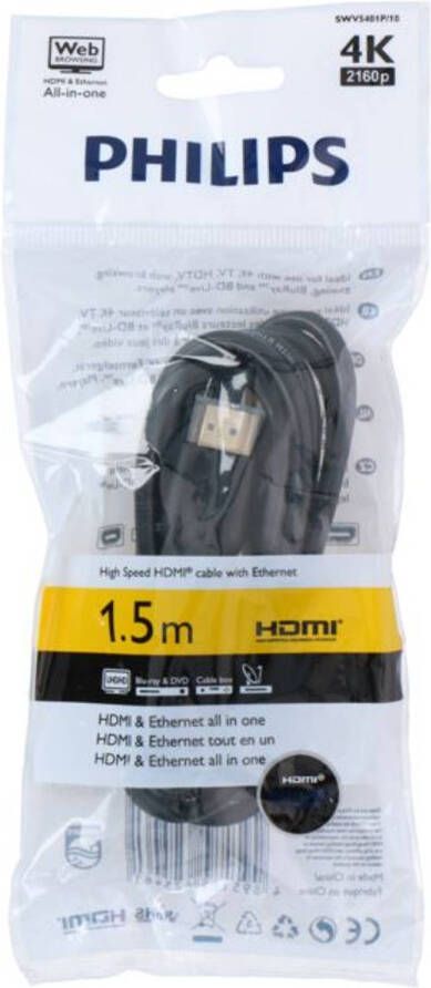 Philips HDMI Kabel met Ethernet SWV5401P 10 HDMI Kabel 4K 1.5 Meter Minimaal Signaalverlies PVC Zwart