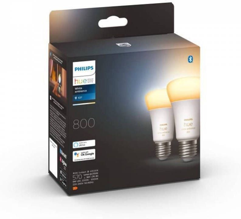 Philips Hue White Ambiance E27 slimme LED-lampen Bluetooth compatibel Pak van 2