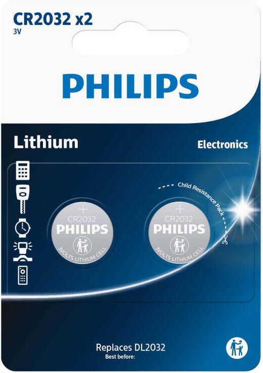 Philips Knoopcel batterijen CR2032 2 stuks verpakking