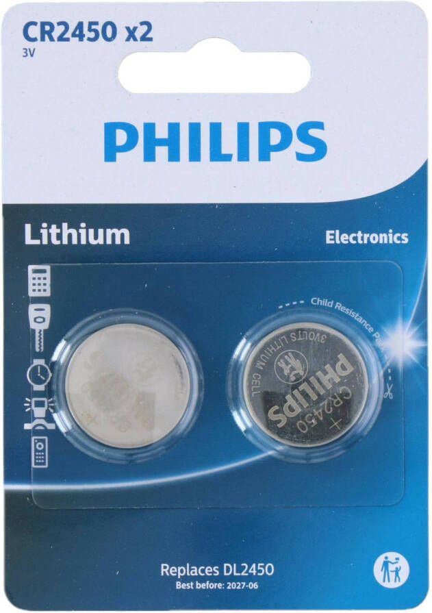 Philips knoopcel batterijen CR2450 2x stuks Knoopcel batterijen