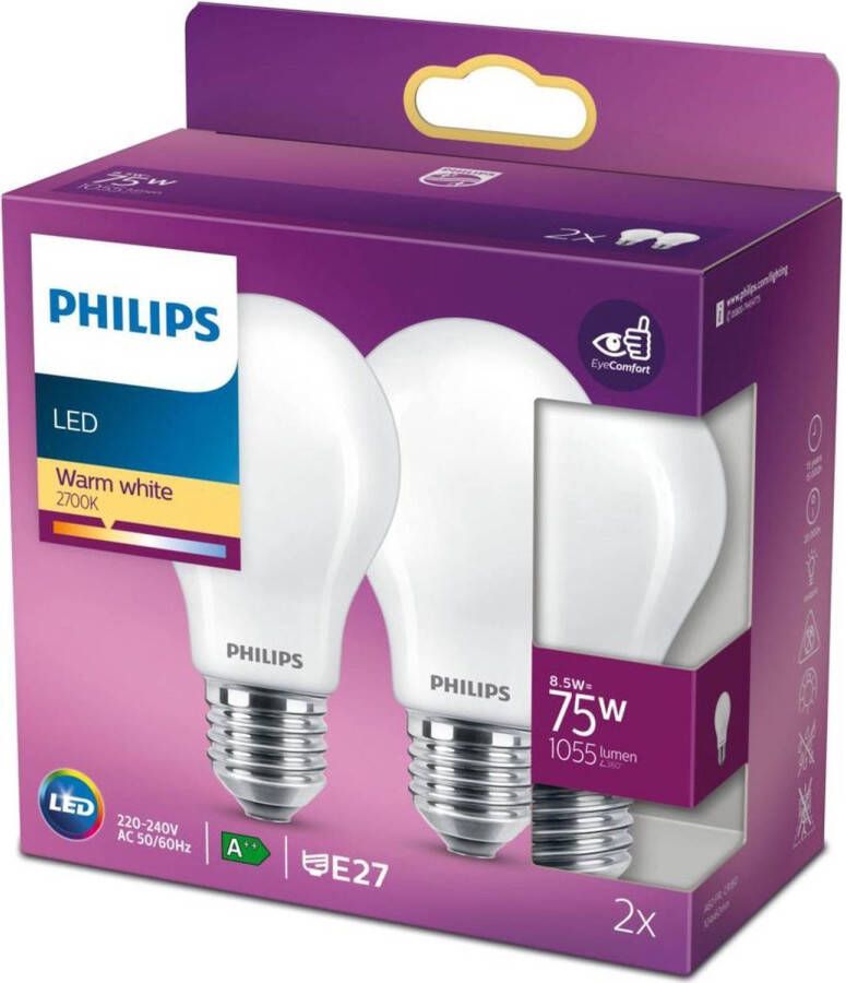 Philips LED Lamp E27 Mat 75W Warm Wit Licht 2 stuks